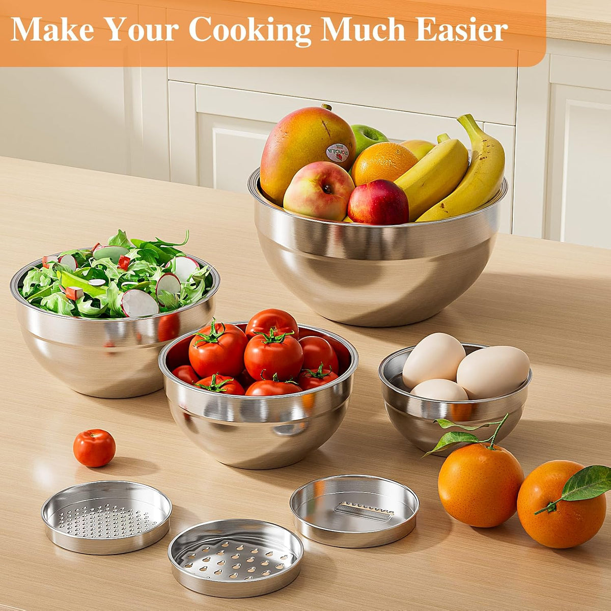 Mixing Bowls with Lids Set 6 PCS – Stainless Steel with 3 Grater Attachments